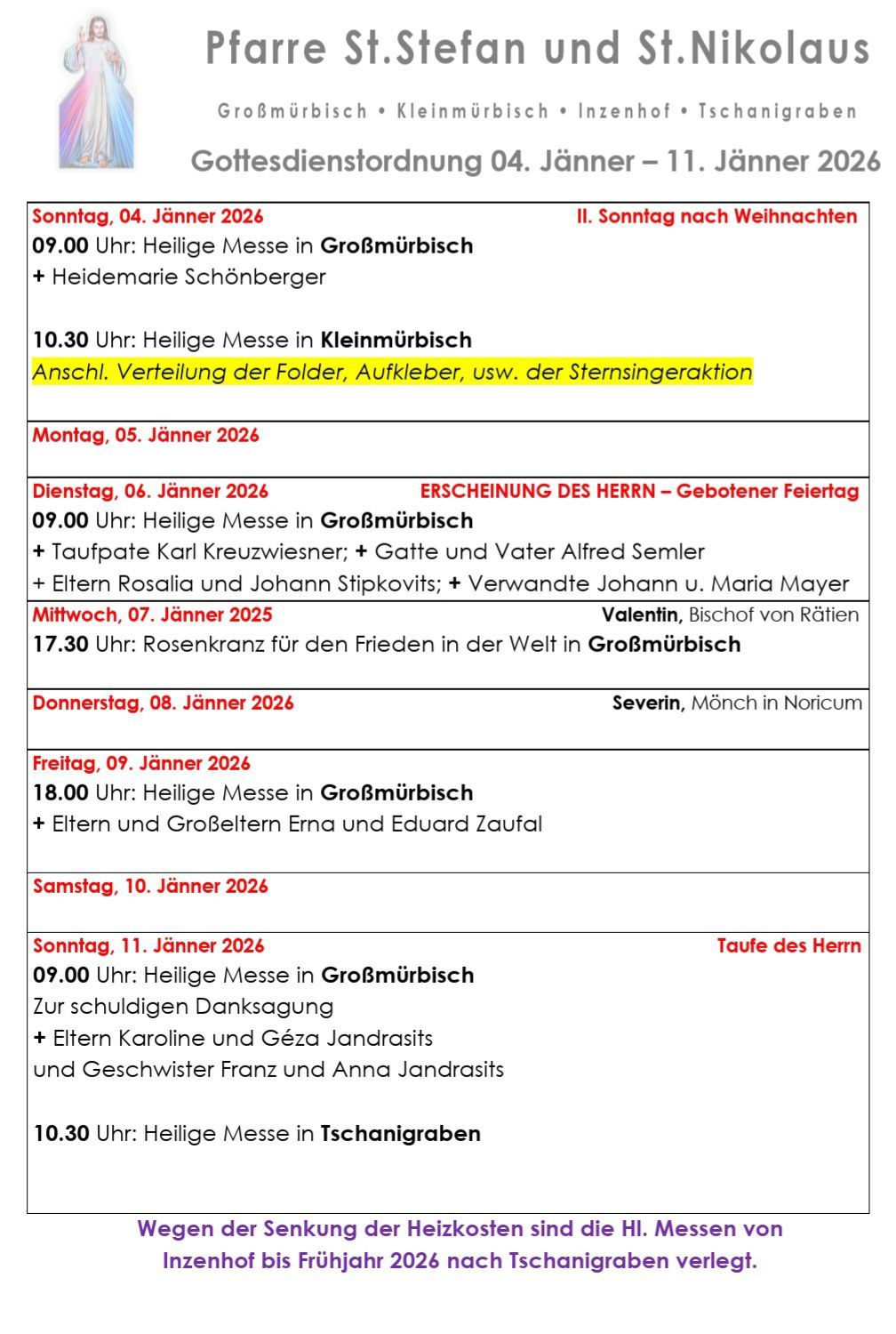 Ein Zeitplan für religiöse Veranstaltungen in Großmürbisch für Anfang Januar 2026. Die Gottesdienste beinhalten Taufen, Hochzeiten und Messen. Die Termine reichen vom 5. bis 11. Januar.