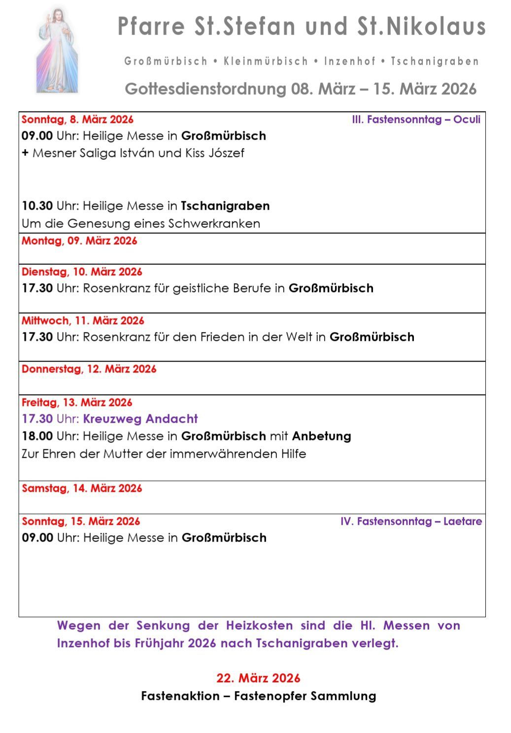 Eine Tabelle der Gottesdienste in GroBmürbish und Tschanigraben, Österreich, für die Woche vom 8. März 2026. Gottesdienste finden sonntags, montags, dienstags, mittwochs, donnerstags, freitags und samstags statt.