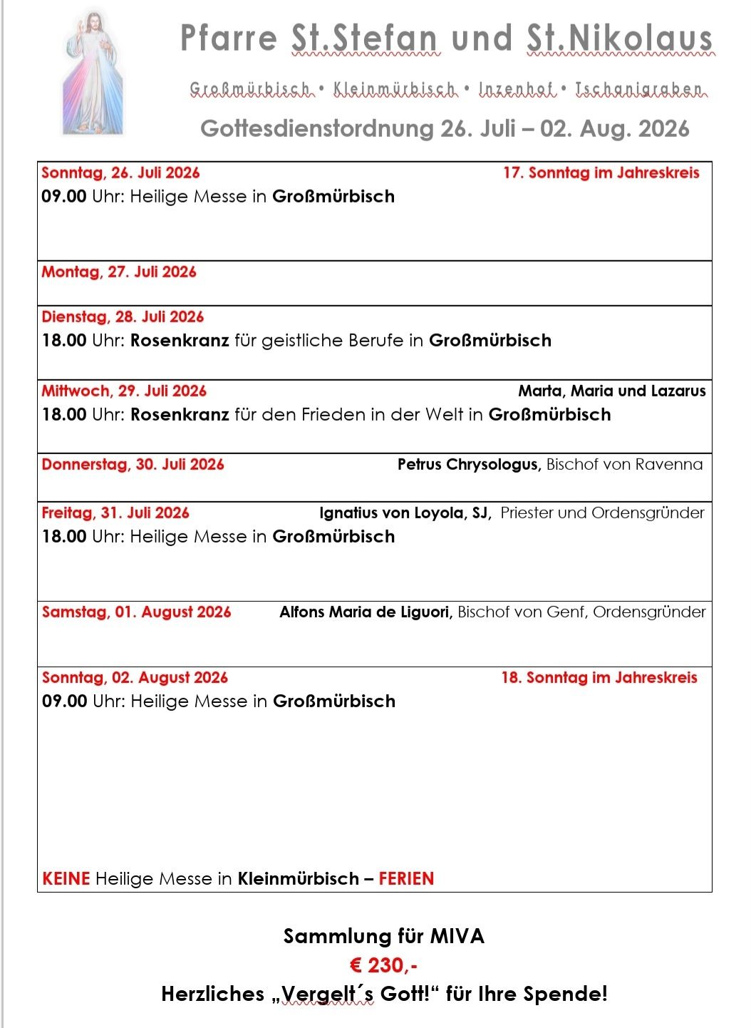 Ein Zeitplan für religiöse Messen in Grossmuerbisc vom 26. Juli bis 2. August 2026, einschließlich Datum, Uhrzeit und Namen der Zelebranten.