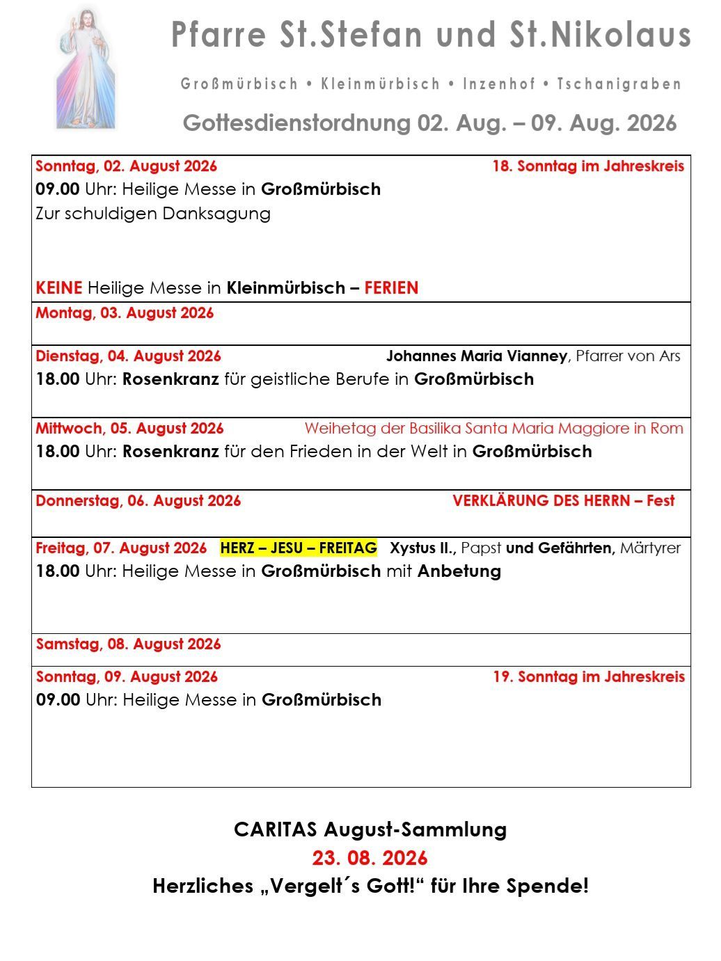 Ein Zeitplan für religiöse Gottesdienste in Großmürbish vom 2. August bis 9. August 2026. Beinhaltet Termine, Zeiten und Orte verschiedener Messen und Veranstaltungen.