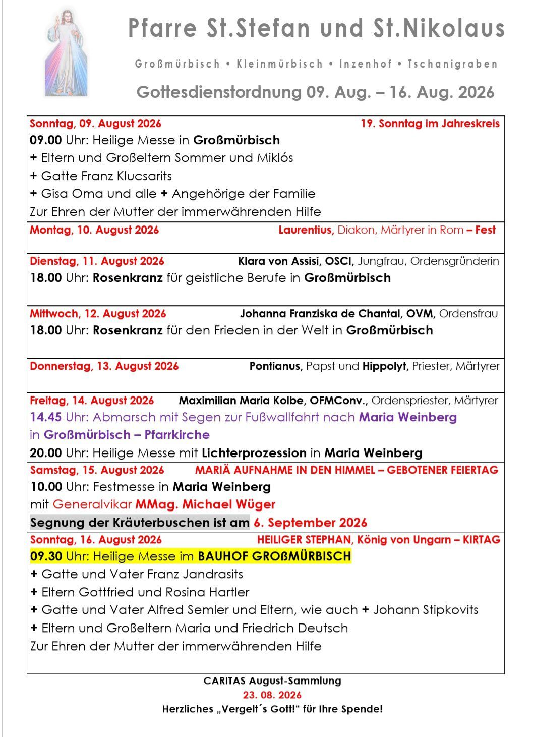 Ein Zeitplan für religiöse Veranstaltungen in Großmürbish, Deutschland, vom 9. August bis 16. August 2026, einschließlich Messen, Prozessionen und Festtage.