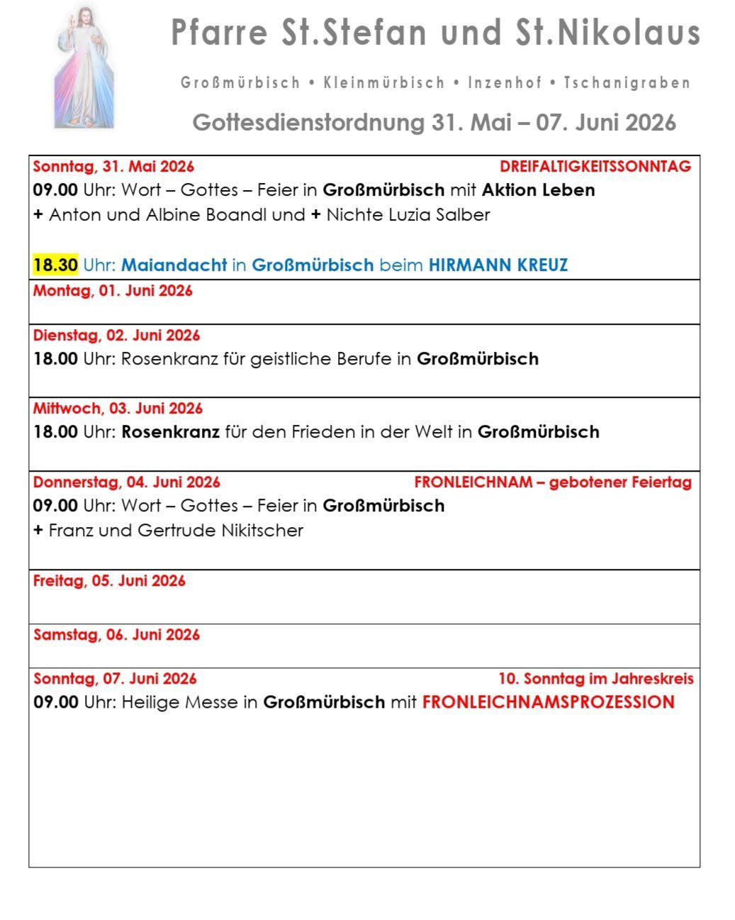 Schedule of services from May 31 to June 7, 2026, including three-day event, word, prayer, and celebration in Großmürbish with various participants and a procession on the 10th Sunday of the year.