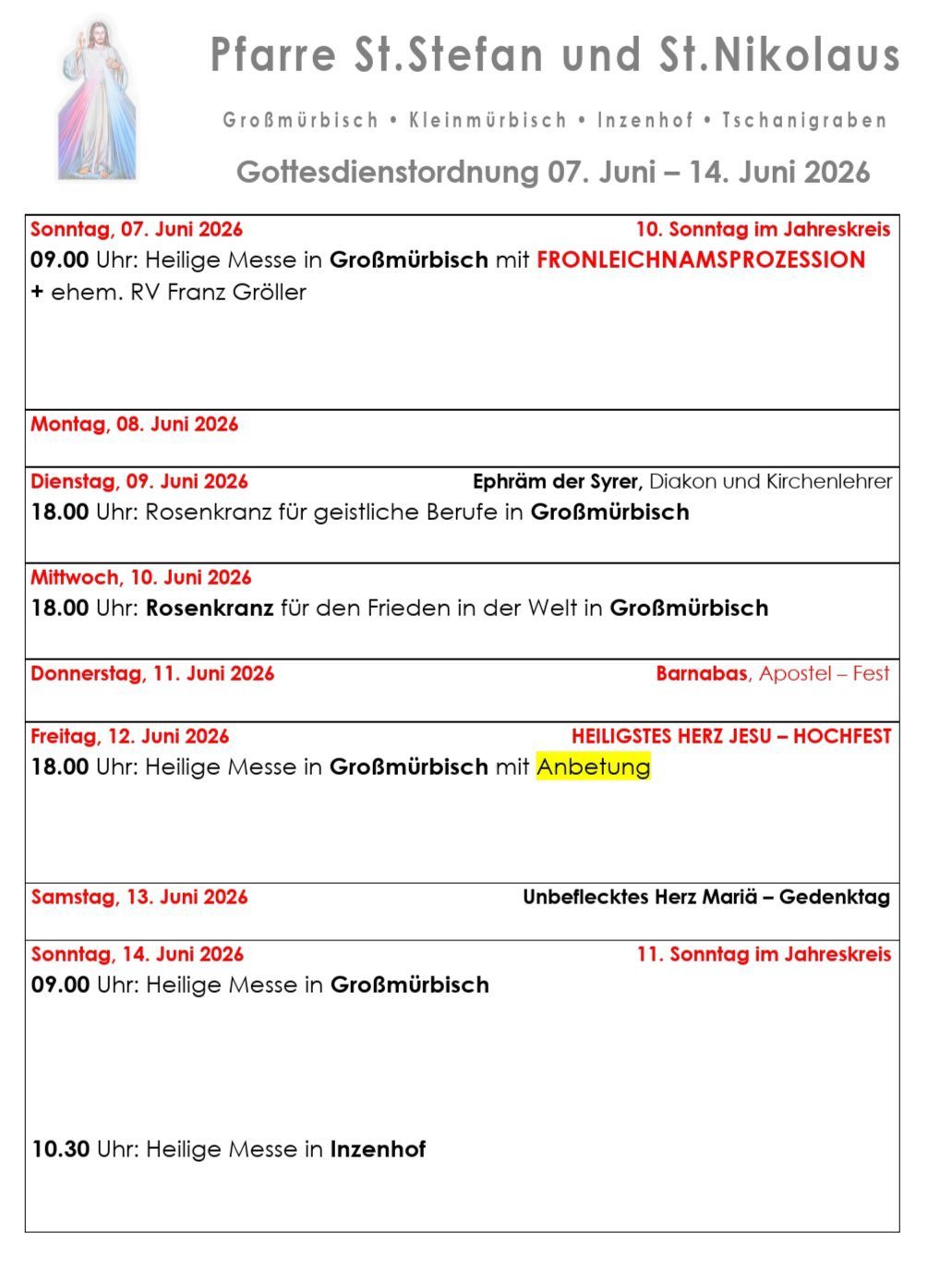 Schedule of religious services from June 7 to June 14, 2026. Includes masses, processions, and special services at Grossmuerbisch. Events include the 10th Sunday in the liturgical year, the feast of St. Barnabas, and the Solemnity of the Sacred Heart of Jesus.