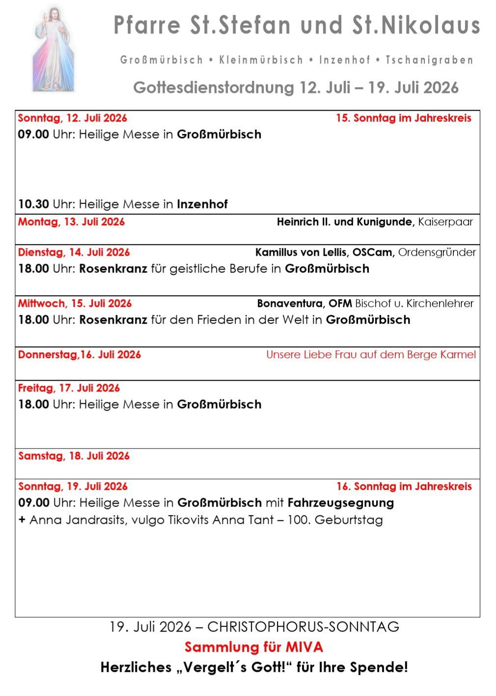 Eine Kalenderseite vom Juli 2026 listet verschiedene religiöse Veranstaltungen auf, einschließlich Messen und Feiern, mit Datum und Uhrzeit. Die Veranstaltungen finden an Orten wie Großmürbish und Inzenhof statt.