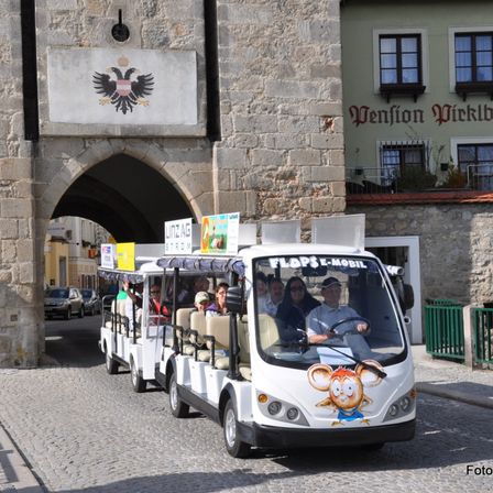 Ein weißer Trolley mit einem Cartoon-Mäuschen auf der Vorderseite fährt durch einen historischen Torbogen. Menschen sitzen auf Bänken. Ein Schild steht für Linz AG.