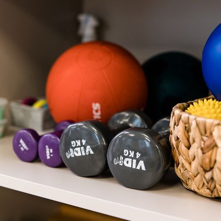 Ein weißer Regalboden mit verschiedenen Trainingsgeräten, darunter rote, schwarze und lila Gewichte, ein roter Ball und ein Weidenkorb mit gelben Objekten.