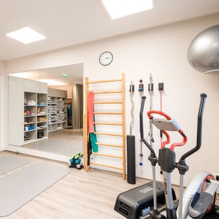 Ein Fitnessstudio-Innenraum mit Holzböden, einem großen Spiegel und verschiedenen Trainingsgeräten. Eine hölzerne Leiter ist an der Wand montiert. Regale sind mit Trainingsbällen, Hanteln und anderen Fitnesszubehör gefüllt. Ein Laufband und eine Uhr sind ebenfalls sichtbar.