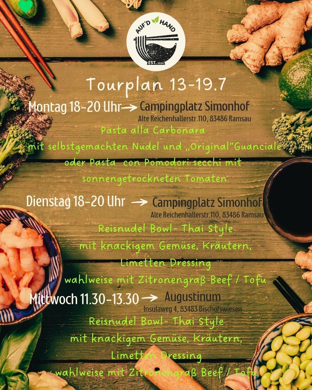 A menu poster with a wooden background, featuring various dishes like pasta, shrimp, and vegetables. The poster lists the days and times for a tour plan from July 13th to July 19th.