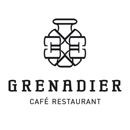 Logo des Grenadier Café Restaurants mit einem abstrakten Design eines Grenadiers, zwei stilisierten E's in einem Kreuz und dem Namen Grenadier in fetten Großbuchstaben.
