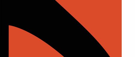 Ein abstraktes Grafikdesign zeigt eine kräftige schwarze Kurve vor einem leuchtend roten Hintergrund. Die Kurve scheint ein Teil eines größeren Kreises zu sein.