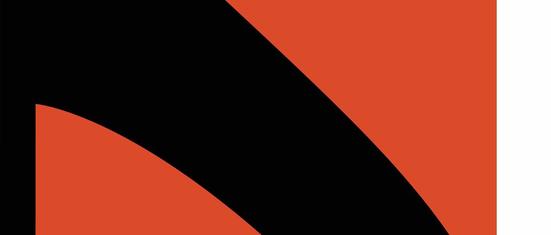 Ein abstraktes Grafikdesign zeigt eine kräftige schwarze Kurve vor einem leuchtend roten Hintergrund. Die Kurve scheint ein Teil eines größeren Kreises zu sein.