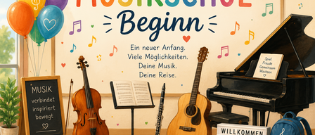 Ein Musikschulposter mit Instrumenten wie Geige, Gitarre und Klavier. Der Plakattext lautet 'Musikschul Beginn' mit Noten und einem Herz. Die Instrumente stehen auf einem Holzboden.