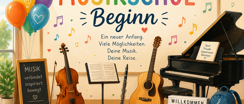 Ein Musikschulposter mit Instrumenten wie Geige, Gitarre und Klavier. Der Plakattext lautet 'Musikschul Beginn' mit Noten und einem Herz. Die Instrumente stehen auf einem Holzboden.
