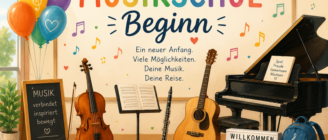 Ein Musikschulposter mit Instrumenten wie Geige, Gitarre und Klavier. Der Plakattext lautet 'Musikschul Beginn' mit Noten und einem Herz. Die Instrumente stehen auf einem Holzboden.