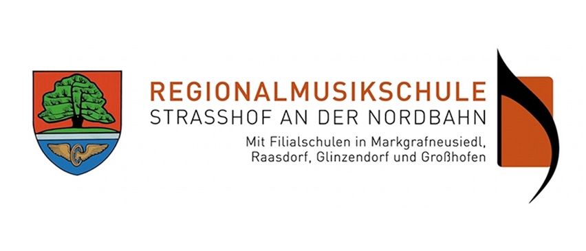 Das Logo der Regionalmusikschule Strasshof an der Nordbahn mit einem Baumwappen und dem Text 'Mit Filialschulen in Markgrafneusiedl, Raasdorf, Glinzensdorf und GroBhofen'.
