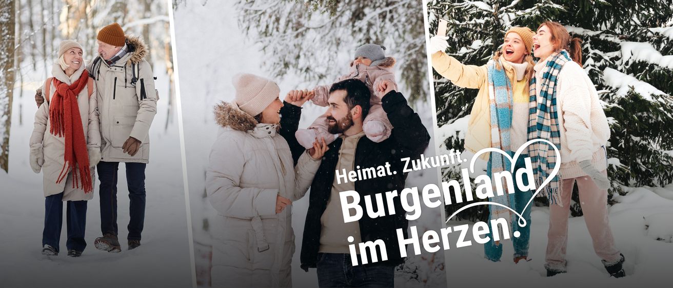 Eine Familie genießt einen verschneiten Tag, mit einer Frau, einem Mann und einem Baby auf seinen Schultern. Das Baby hält ein Telefon. Die Worte 'Heimat. Zukunft. Burgen im Herz' sind im Bild.