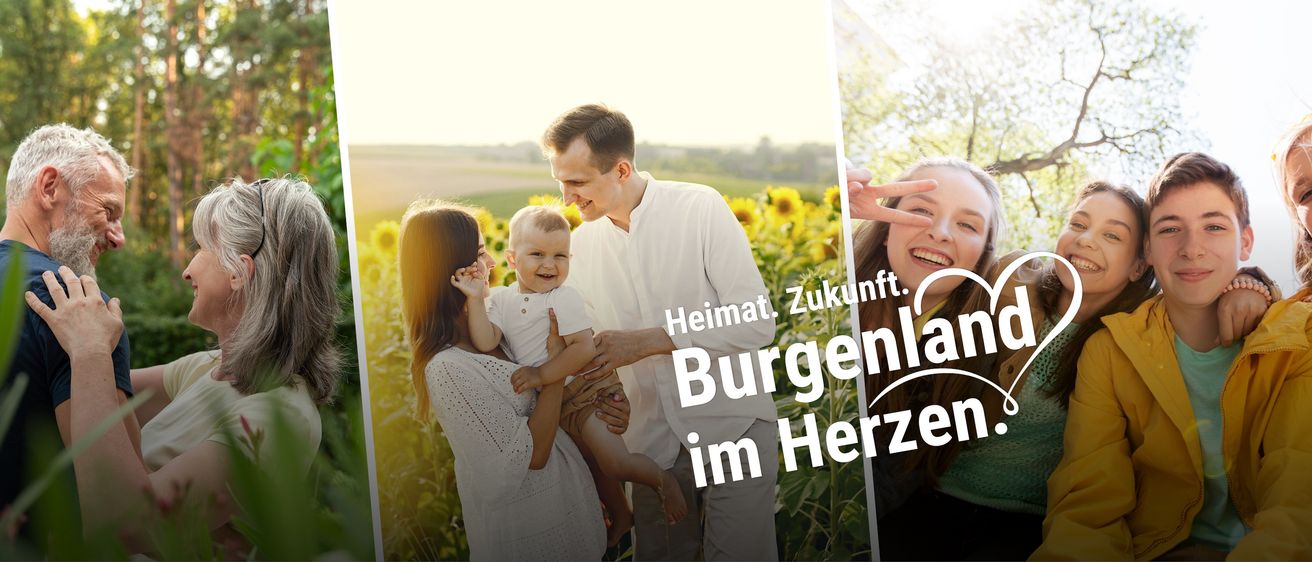 A family with a baby in a field of sunflowers, smiling, with the German text Heimat. Zukunft. Burgenland im Herz.