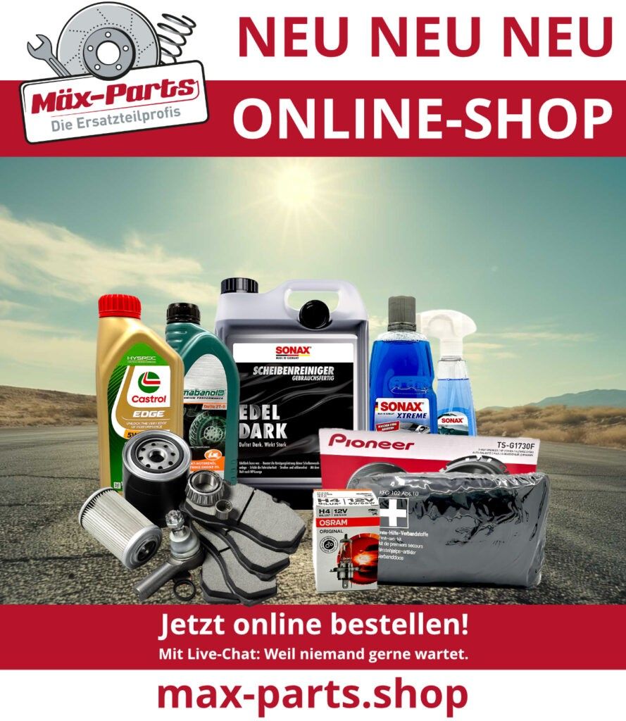 Advertisement for an online shop showcasing automotive parts like oil, filters, and car care products. The image includes a scenic background with a road. Text in German reads 'Jetzt online bestellen! Mit Live-Chat: Weil niemand gerne wartet.'