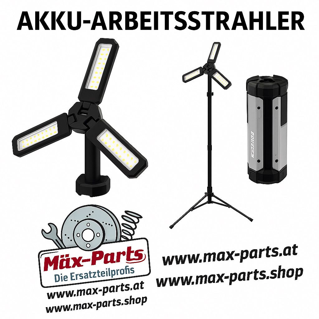Das Bild zeigt verschiedene akkubetriebene Arbeitsleuchten. Drei verschiedene Modelle sind abgebildet, einschließlich einer tragbaren Stativlampe und einer Taschenlampe. Die Produkte stammen von einem Unternehmen namens Max-Parts.