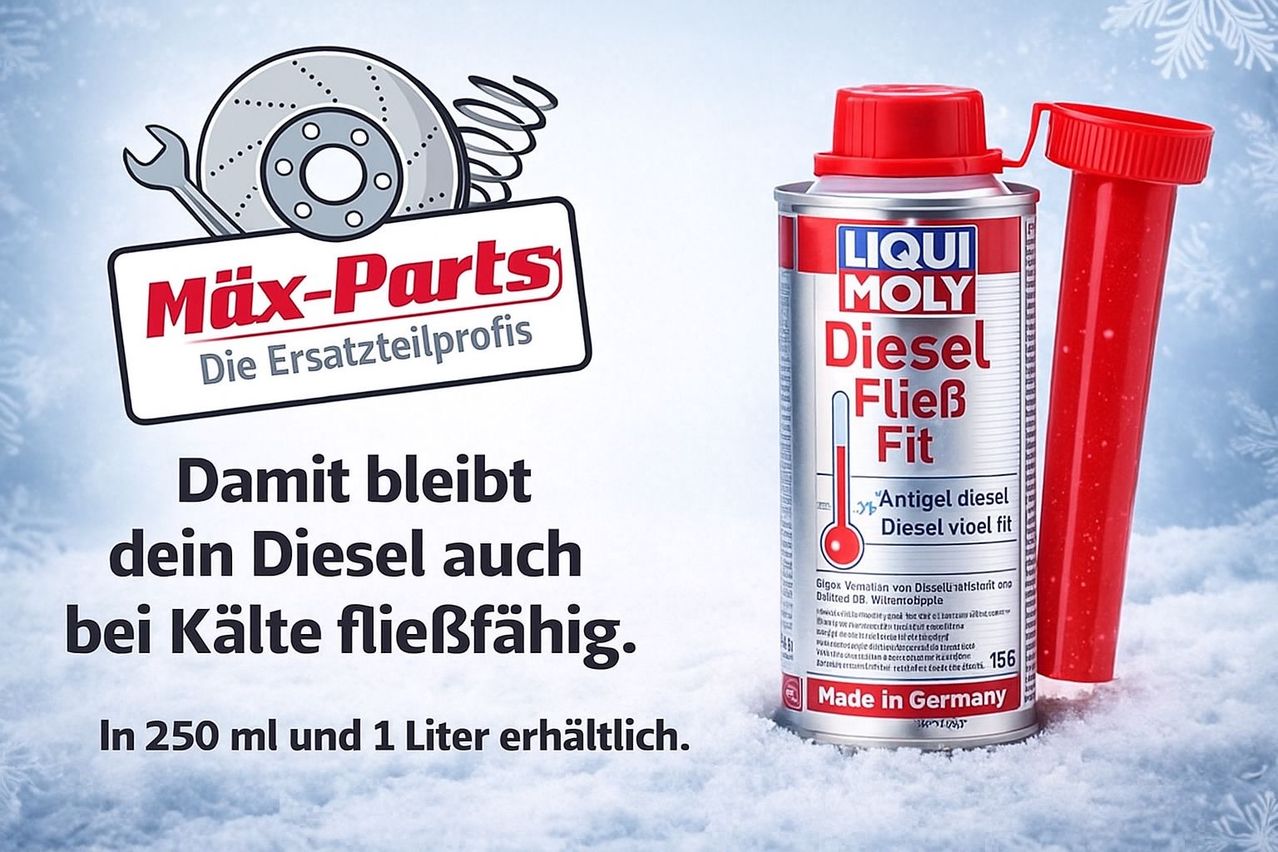 Eine Werbung für Liqui Moly Diesel Fluid Fit zeigt eine rote Dose mit Temperaturanzeige, die betont, dass sie auch bei kalten Temperaturen flüssig bleibt. Es ist in 156 ml und 1 Liter erhältlich.