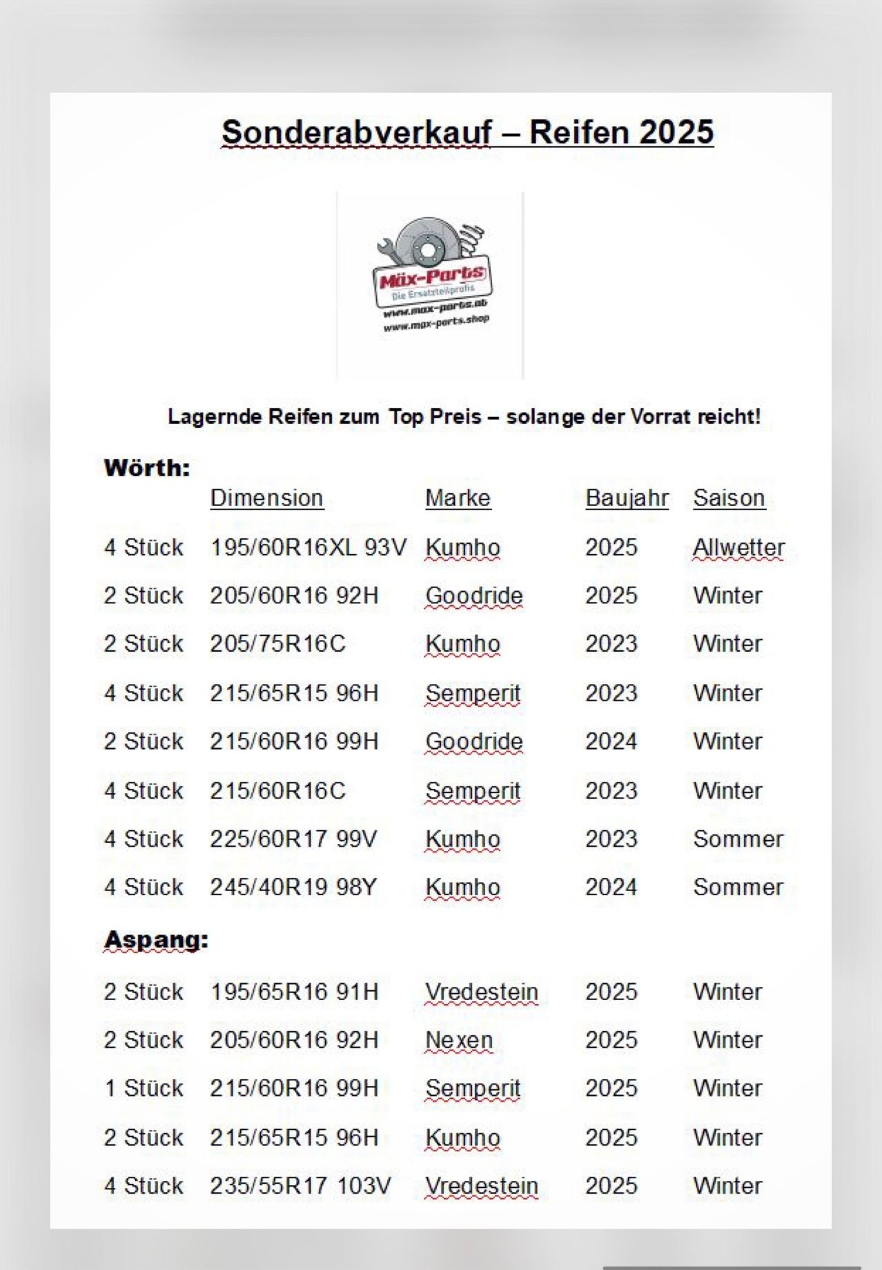 Das Bild zeigt eine Tabelle mit Reifenbestand. Sie enthält Details wie Dimension, Marke, Herstellungsjahr und Saison. Verfügbare Marken sind Kumho, Goodride und Semperit. Die Reifen sind in Größen wie 195/60R16, 205/60R16, 205/75R16 und 225/60R17 erhältlich. Die Herstellungsjahre reichen von 2023 bis 2025. Die Reifen sind in Allwetter, Winter und Sommer unterteilt.