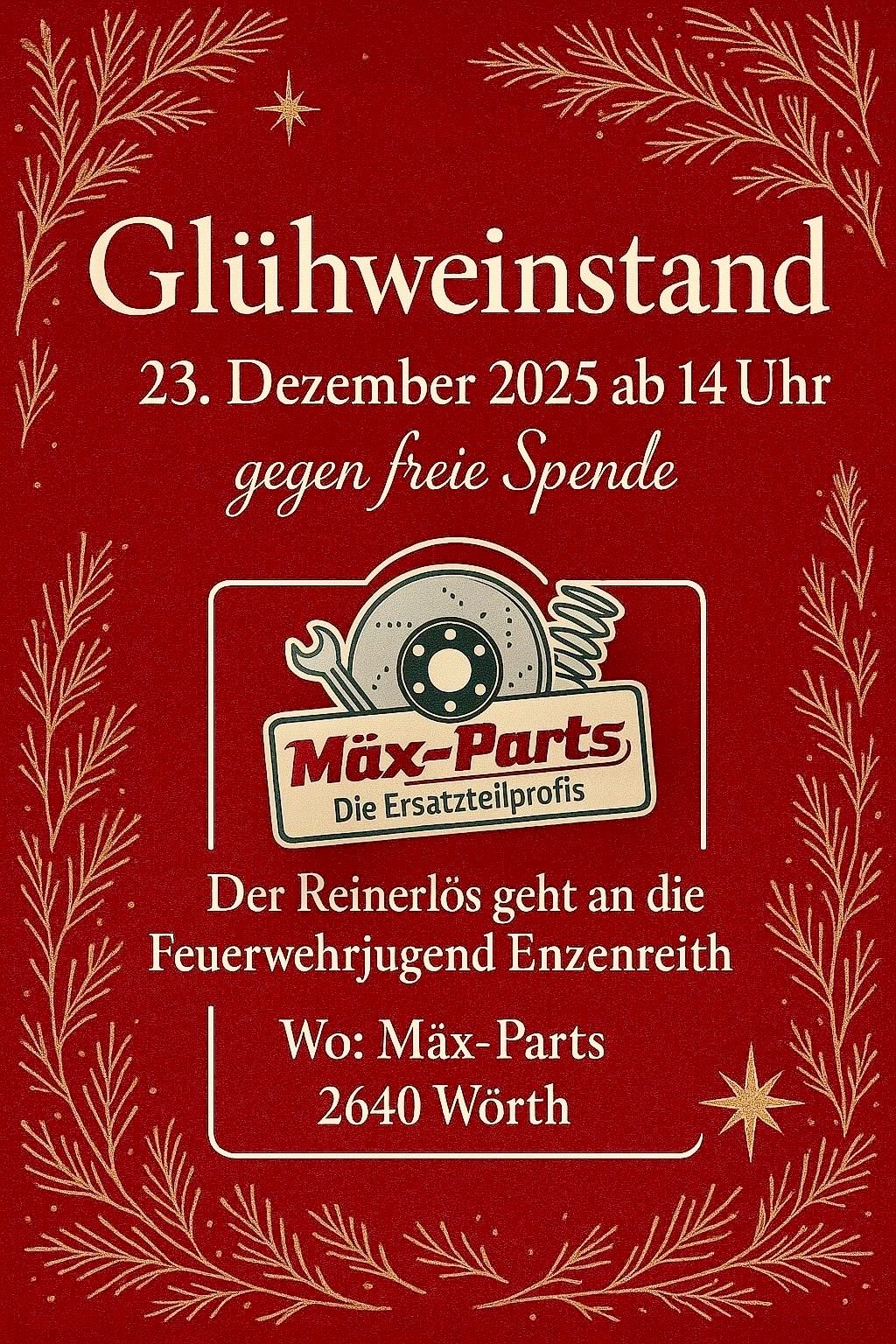 A poster announces a Christmas party on December 23, 2025, at 2 PM. Free drinks are provided. The event is sponsored by Max-Parts, a spare parts dealer. The poster features a golden star and decorative leaves.