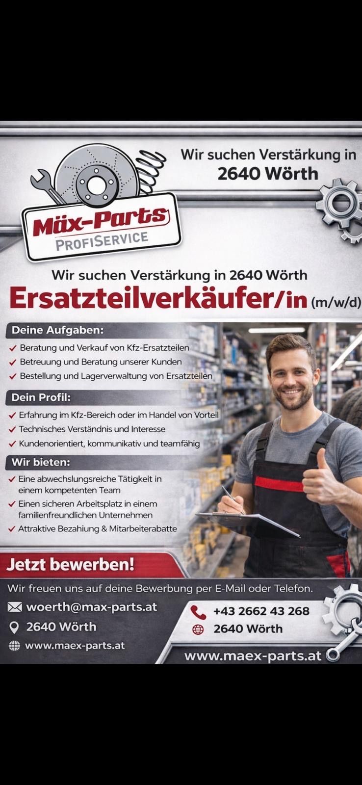 Eine Anzeige eines Autoteilehändlers sucht einen Verkäufer. Die Rolle umfasst Beratung und Verkauf von Ersatzteilen, Kundenservice und Bestandsverwaltung. Der ideale Kandidat hat Erfahrung im Automobilbereich, technisches Wissen und eine kundenorientierte, kommunikative und teamfähige Einstellung. Vorteile umfassen vielfältige Aufgaben, einen sicheren Arbeitsplatz und attraktive Vergütung. Jetzt bewerben!