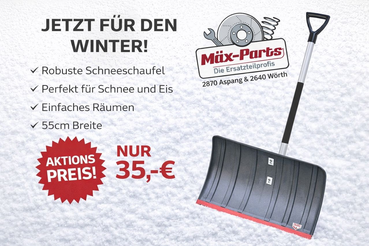 Schneeschaufel-Werbeanzeige für den Winter, zum Preis von 35 Euro. Sie verfügt über eine breite Schaufel für effizientes Schneeräumen. Max-Parts-Logo enthalten.