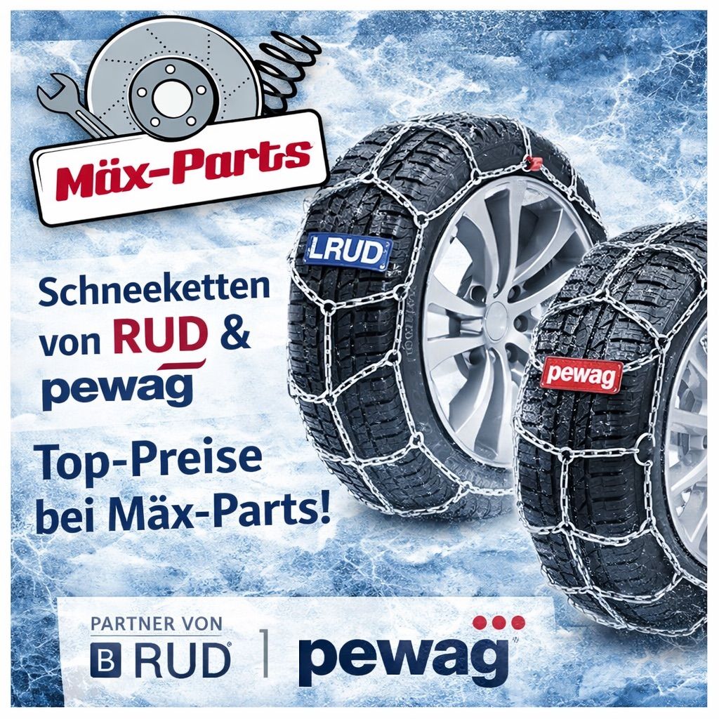 Eine Werbung für Schneeketten von RUUD und pewag, angezeigt auf einem verschneiten Hintergrund. Sie hebt Top-Preise bei Max-Parts hervor.