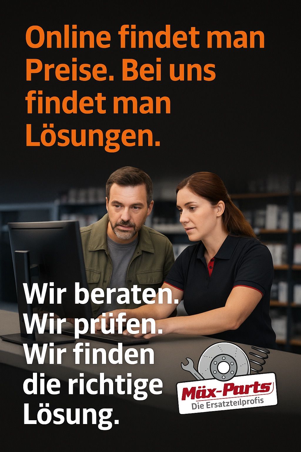 A man and a woman are working together at a computer, surrounded by shelves filled with items. The woman is typing on the keyboard while the man looks at the monitor. Above them, a slogan reads 'Fresh thinking finds solutions.'