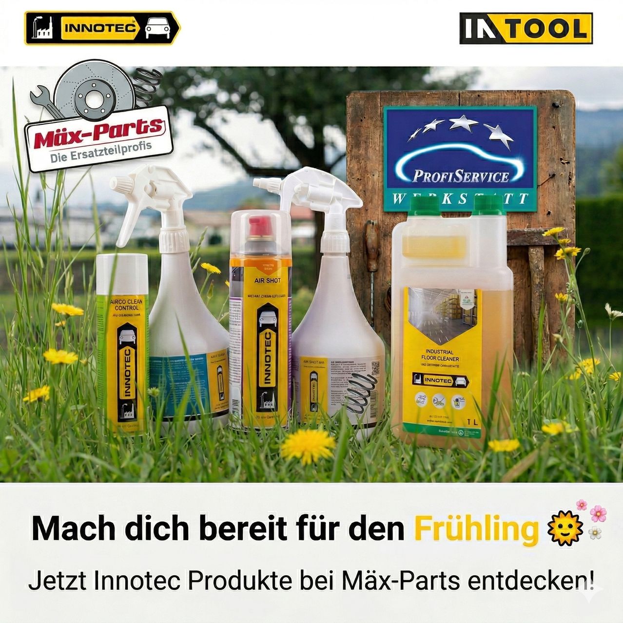 Various Innotec products displayed on a grassy background. The ad encourages spring preparation and features a wooden sign with Profiservice.