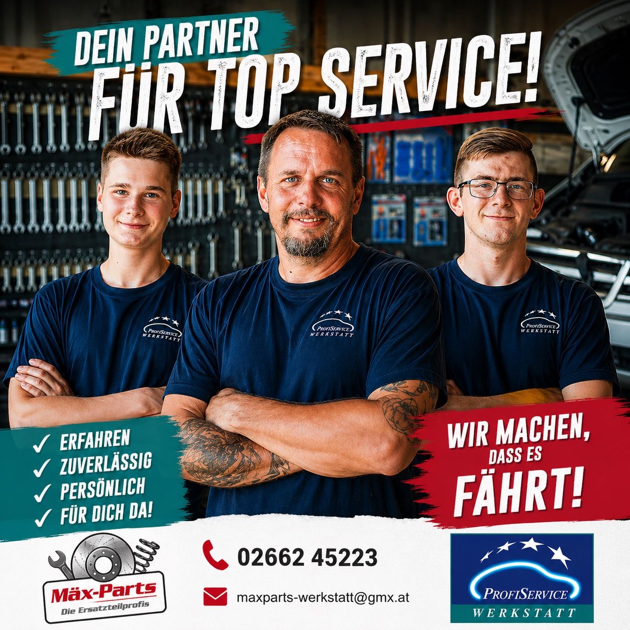 Drei Männer in blauen Hemden posieren in einer Garage, einer mit Bart und Tattoos, der andere mit Brille. Sie bewerben Top-Service und betonen persönliche und zuverlässige Dienstleistung. Kontaktdaten umfassen eine Telefonnummer und E-Mail.