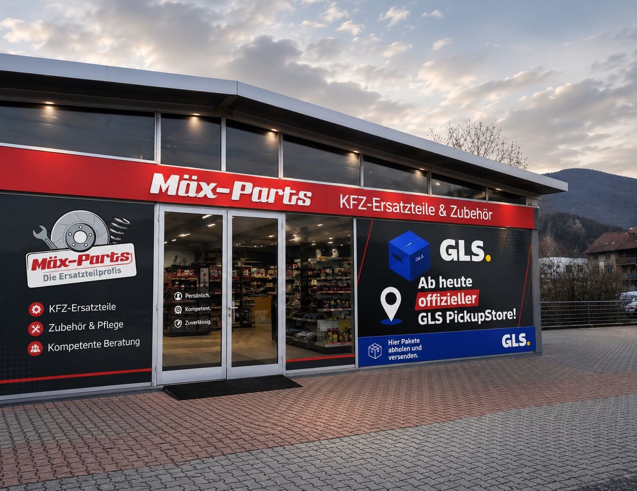 The storefront of a car parts store, labeled Mix-Parts, featuring a blue and white sign with a pickup store announcement.