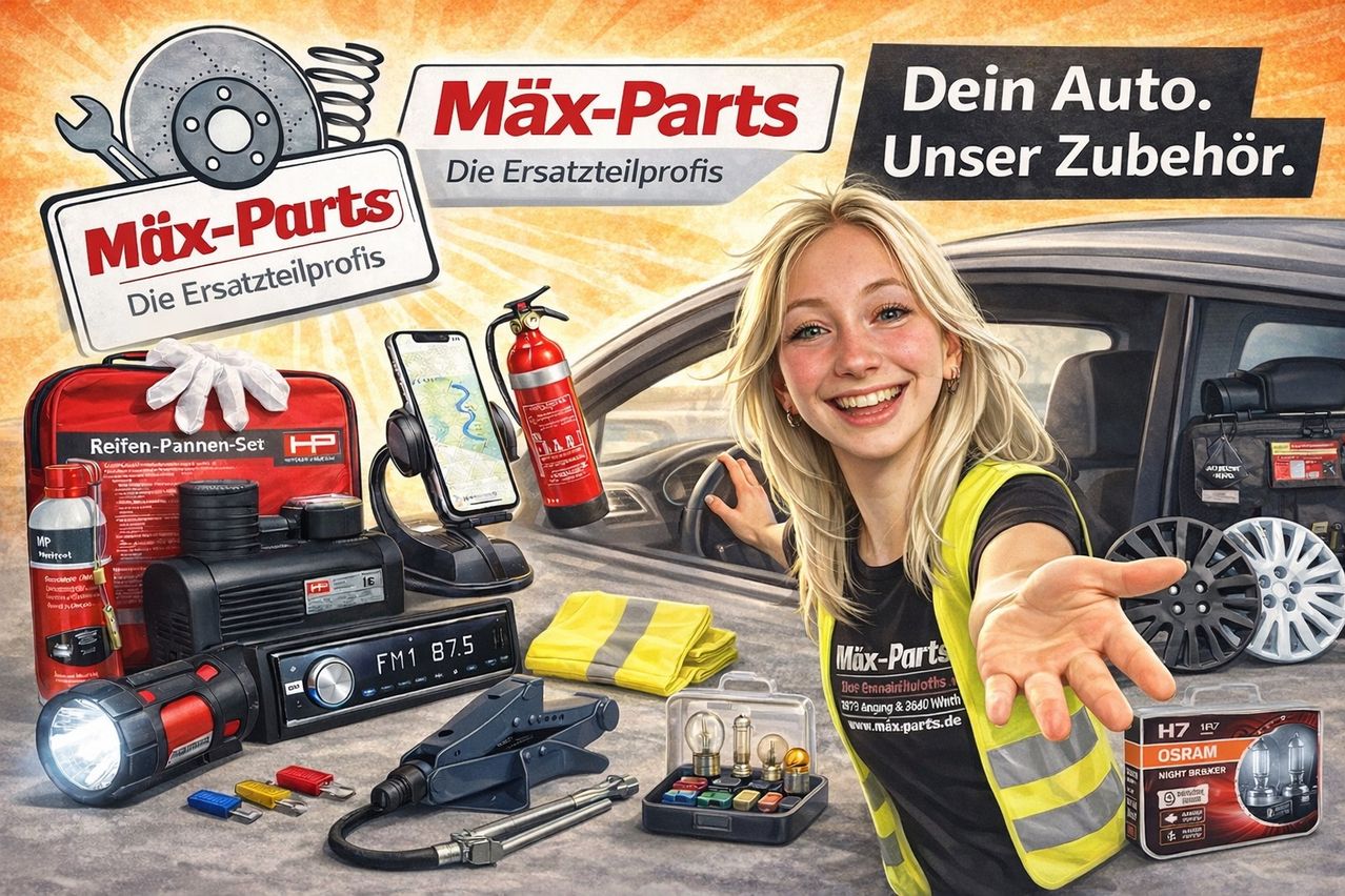 An advertisement for Max-Parts, a car parts supplier, features a smiling woman in a yellow vest with various car tools and parts around her.