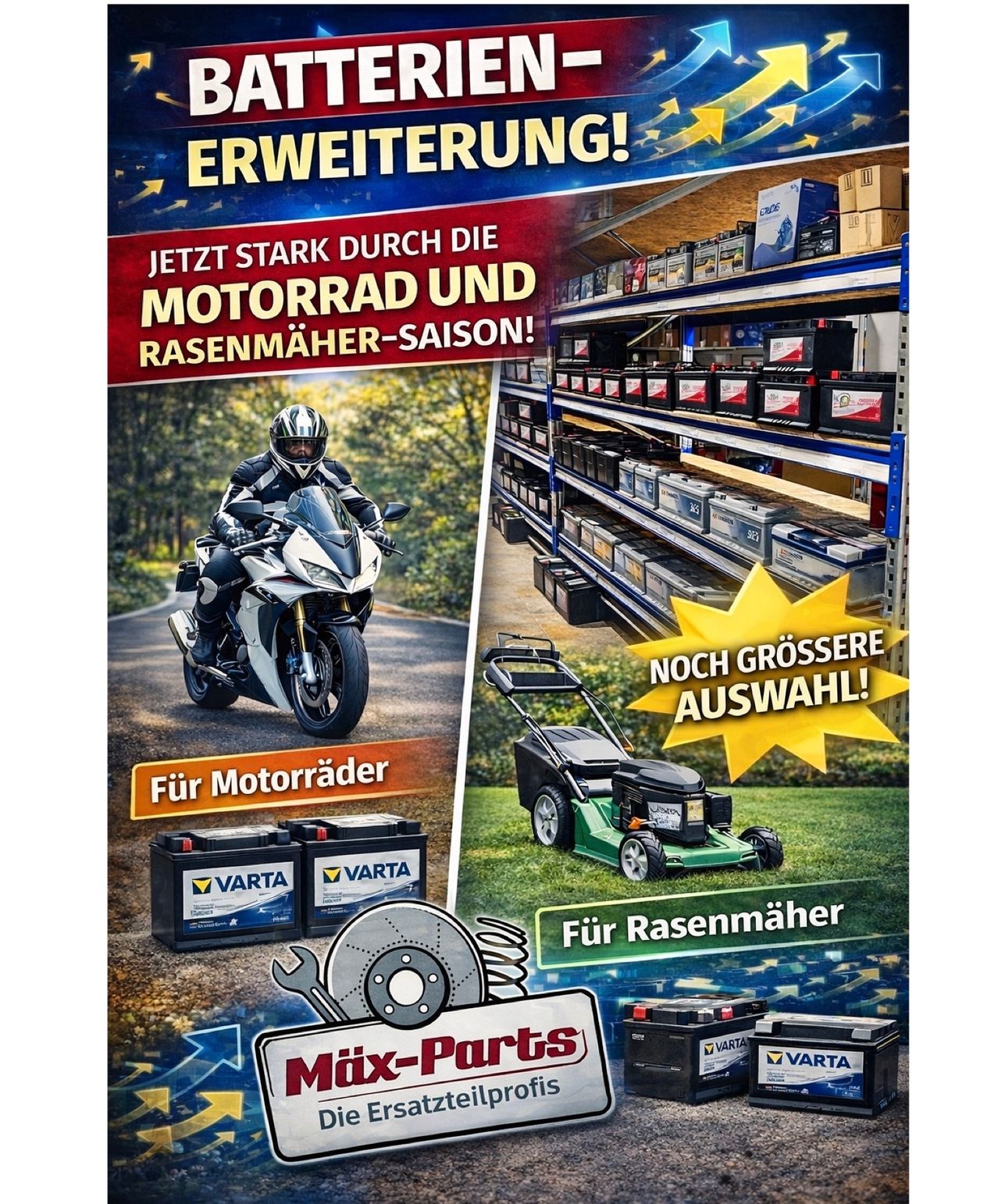 An advertisement for motorcycle and lawn mower batteries. It shows a rider on a motorcycle, a lawn mower, and a selection of batteries. The ad highlights a larger selection and the start of the mowing season.