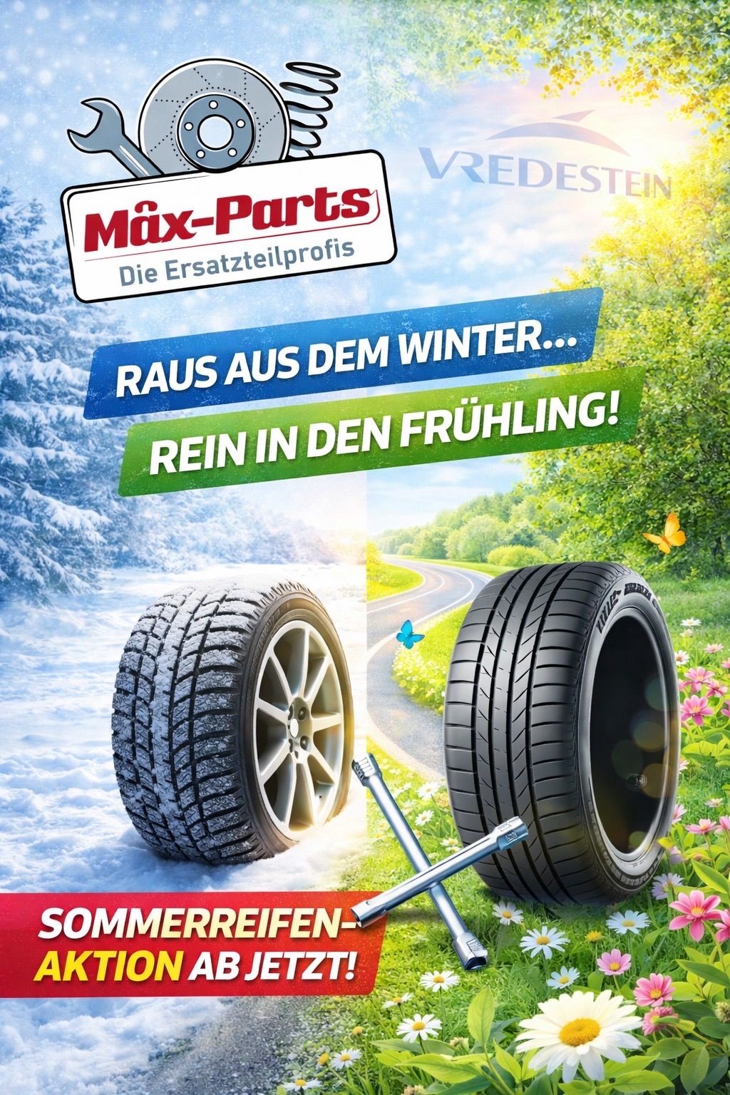 An advertisement for Max-Parts, a tire brand, shows a tire in winter snow and another in spring grass. The text says 'Out of winter... into spring!' and there are tools next to the tires.