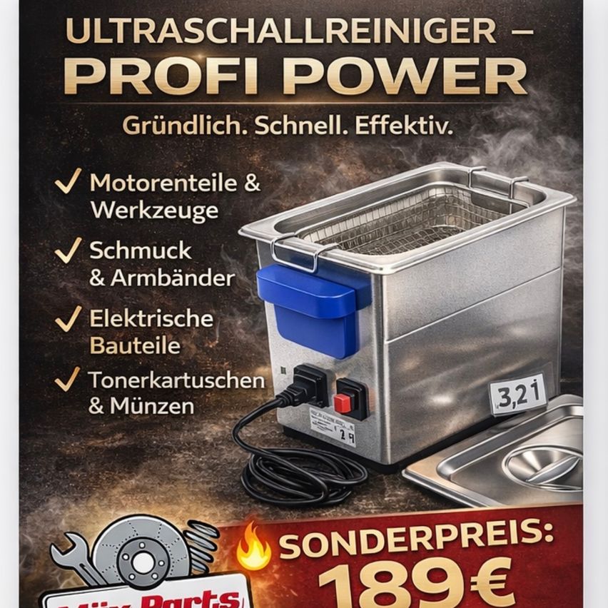 Ultraschallreiniger-Werbung für Profi Power. Reinigt Motorteile, Werkzeuge, Schmuck und Münzen. Sonderpreis von 189 Euro.