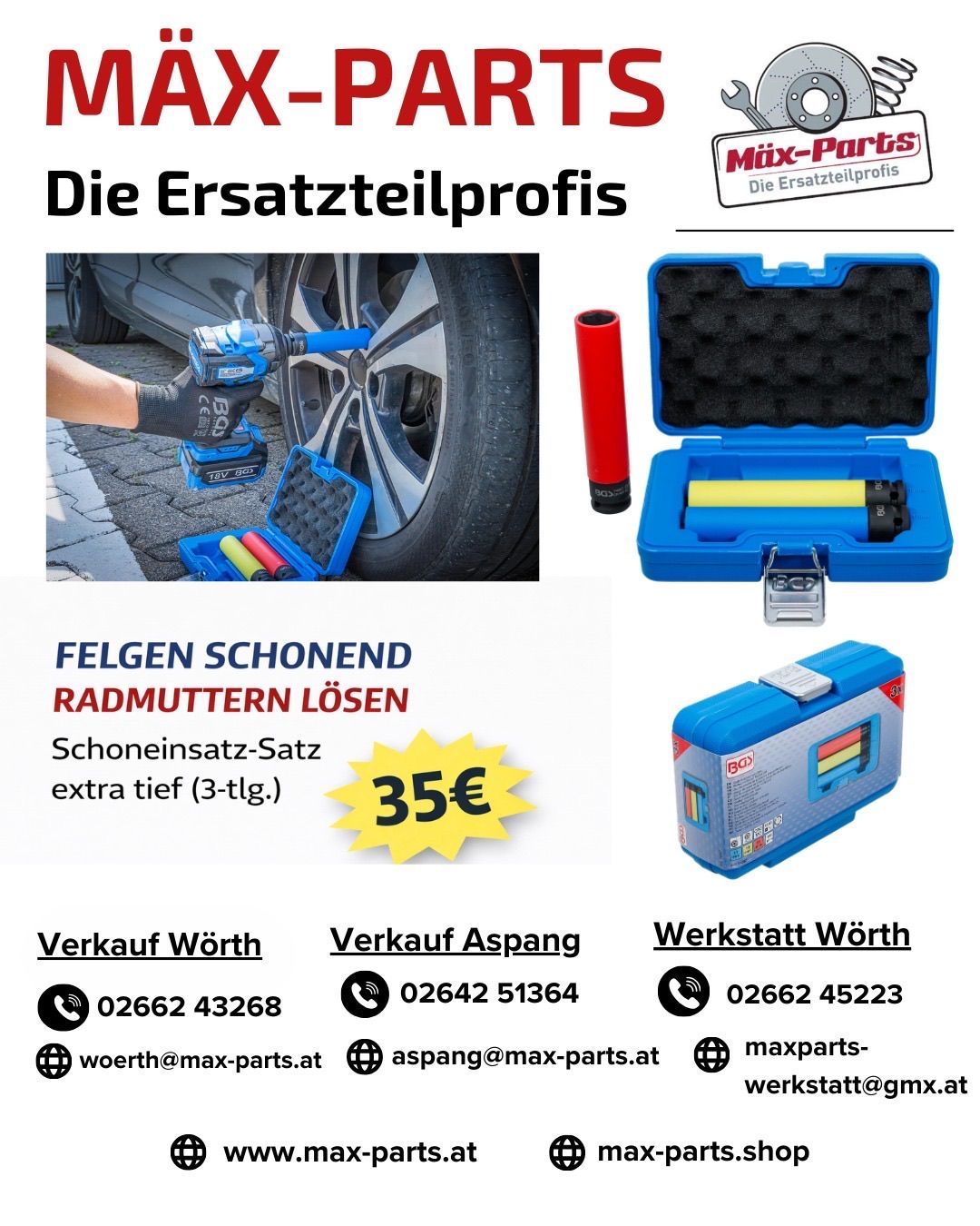 Werbeanzeige für Autofelgen-Reparaturwerkzeuge mit einem tiefen Radmuttern-Satz für 35 Euro. Kontaktinformationen und E-Mail-Adressen für Verkauf und Werkstatt werden bereitgestellt.