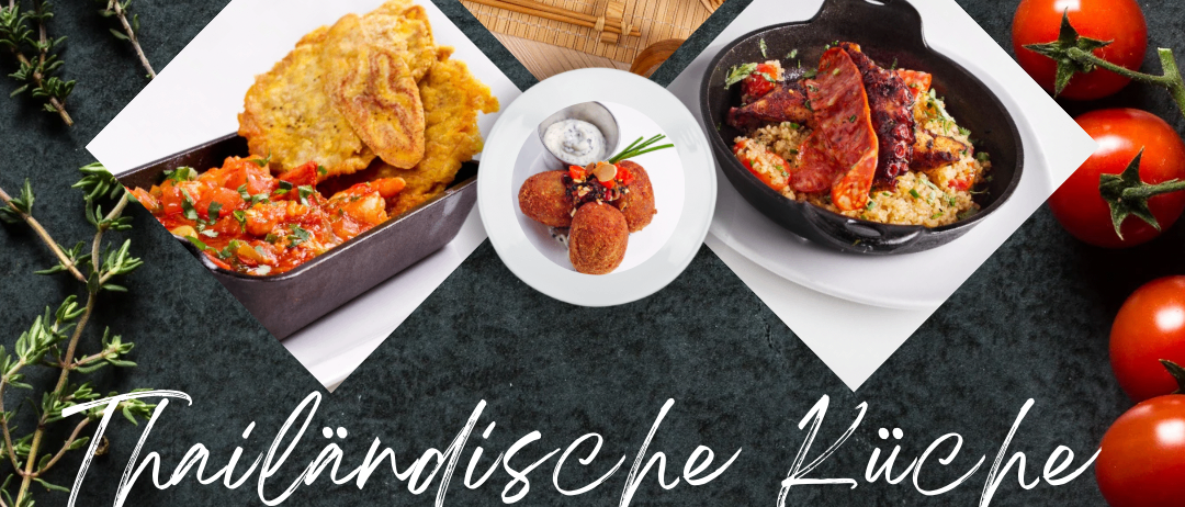 Eine Werbung für ein thailändisches Buffet von Otti & Sha, mit Bildern thailändischer Gerichte. Das Menü umfasst gebratene und scharfe Gerichte, Nudeln und Reis mit Fleisch. Tomaten und Kräuter schmücken die Seiten. Rufen Sie +43 664 4545305 für Reservierungen an.