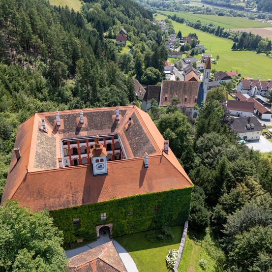 Luftaufnahme eines großen, mit Efeu bewachsenen braunen Gebäudes mit einem Uhrturm, umgeben von einem Dorf mit üppiger Grünfläche und einem großen Feld.