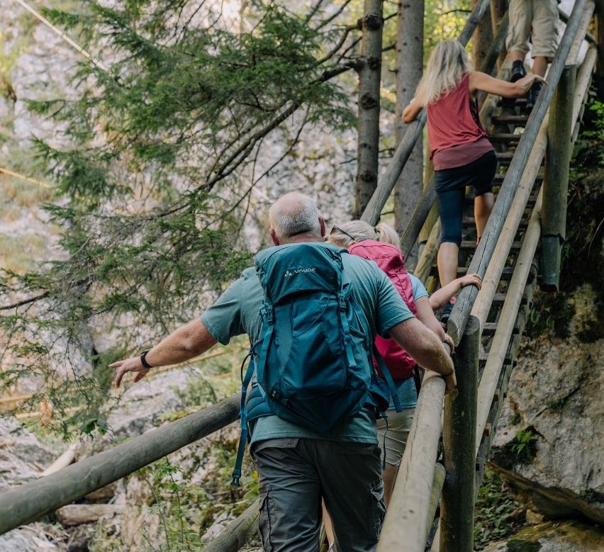 Drei Personen wandern einen Holztreppenaufgang in einem Wald hinauf, wobei der Mann vorne einen grünen Rucksack trägt.
