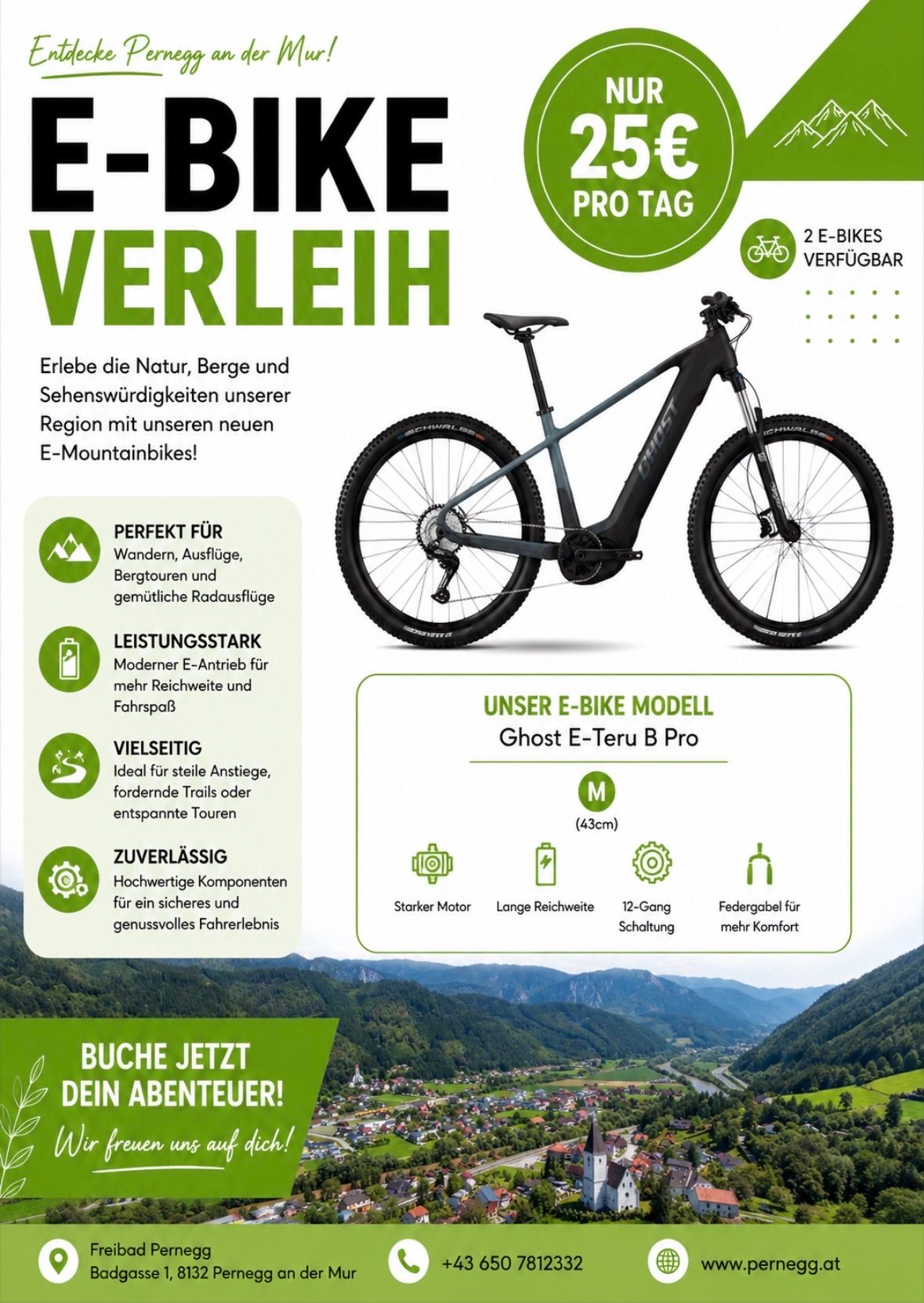 Mieten Sie ein E-Bike für Ihre Natur-, Berg- und Freizeitabenteuer. Unser Modell Ghost E-Teru B Pro bietet einen leistungsstarken Motor, lange Reichweite, 12-Gang-Getriebe und Komfortaufhängung. Jetzt buchen!