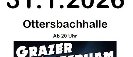 Plakat für die Pfarball-Veranstaltung in St. Peter a.O. am 31. Januar 2026 in der Ottersbachhalle ab 20 Uhr. Es zeigt die Grazer Spitzbaum Band mit drei Musikern, die Klarinette, Akkordeon und Gitarre spielen.