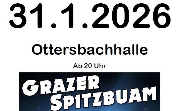 Plakat für die Pfarball-Veranstaltung in St. Peter a.O. am 31. Januar 2026 in der Ottersbachhalle ab 20 Uhr. Es zeigt die Grazer Spitzbaum Band mit drei Musikern, die Klarinette, Akkordeon und Gitarre spielen.