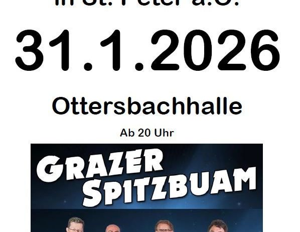 Plakat für die Pfarball-Veranstaltung in St. Peter a.O. am 31. Januar 2026 in der Ottersbachhalle ab 20 Uhr. Es zeigt die Grazer Spitzbaum Band mit drei Musikern, die Klarinette, Akkordeon und Gitarre spielen.