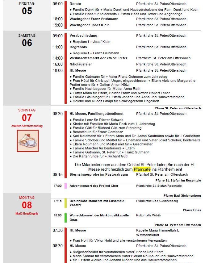 Ein Zeitplan für verschiedene Gottesdienste, einschließlich Messen, Familiengottesdienste und besondere Ereignisse wie Taufen und Beerdigungen, aufgelistet mit Zeiten, Orten und kurzen Beschreibungen jedes Ereignisses.