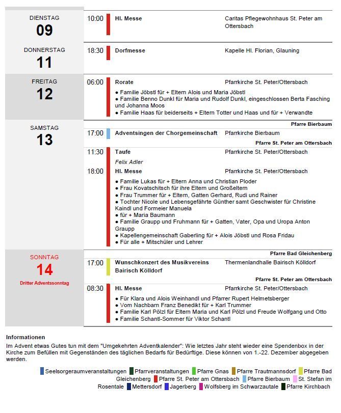 Ein wöchentlicher Zeitplan für Gottesdienste mit Datum, Uhrzeit und Orten. Gottesdienste beinhalten Messe, Firmung, Taufen und ein Musikkonzert. Informationen über eine Adventsgeschenkbox für Bedürftige.