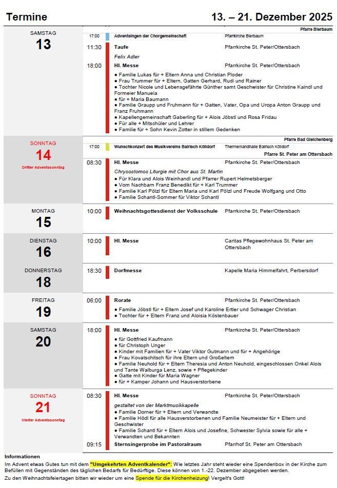 A schedule of church services includes family masses, evening masses, and a Christmas concert. Services are held at St. Peter/Ottersbach, St. Peter am Ottersbach, and Maria Himmelfahrt, Perbersdorf. Dates range from December 14 to December 21.