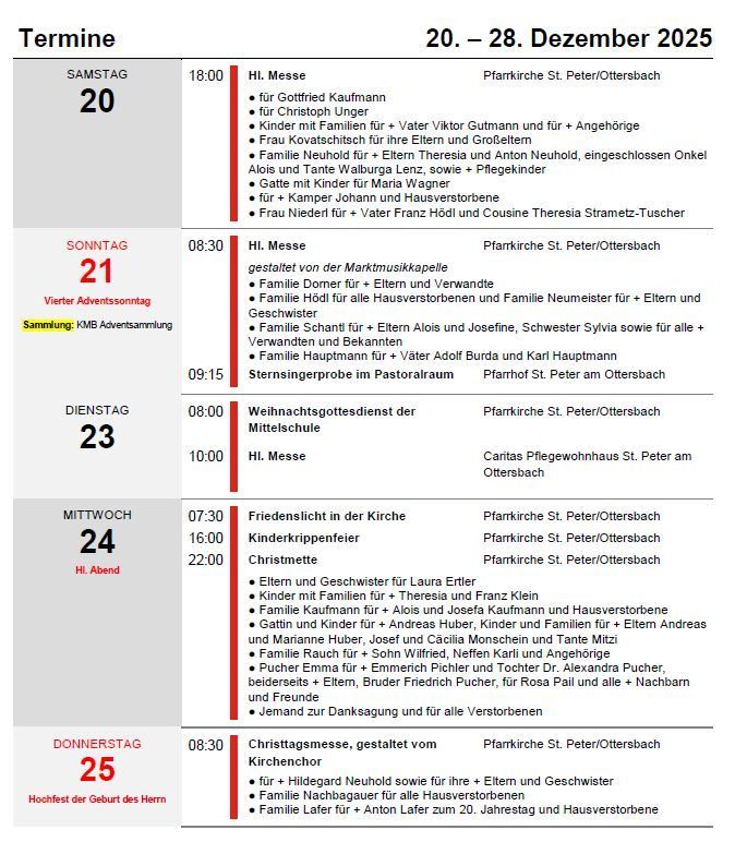 Ein Zeitplan für Gottesdienste vom 20. bis 28. Dezember 2025 umfasst Messen, Taufen, Hochzeiten und Familienfeiern an verschiedenen Orten. Bestimmte Tage beinhalten Adventsgottesdienste, Weihnachtsmesse und andere religiöse Zeremonien.