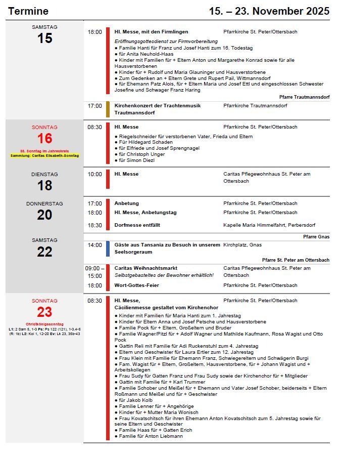 Weekly church service schedule includes a Sunday mass at 8:30 AM, a Christmas market from 9 AM, and various other services throughout the week. Notable events include a church concert on Sunday at 5 PM and a Christmas market on Monday.